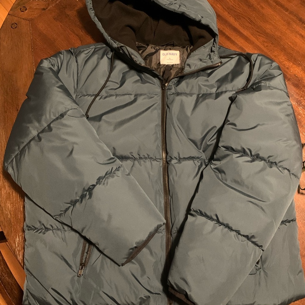 Old Navy Men's Blue/Green Hooded Puffer Jacket Water Resistant
